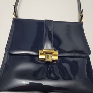 Lewis Vintage Shoulder Bag Blue Patent Leather Vinyl Gold Accents Miss Lewis